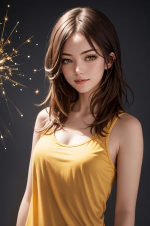 (masterpiece), 1girl, brown hair, yellow eyes, science fiction, light particle, messy hair,  upper body, smirk