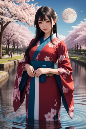 (masterpece:1.3),(best quality:1.3),stunningly beautiful girl,breathtaking,intricate details,absurdres,highres,ultra detailed,highest quality,amazing details,looking at viewer, water, moon, partially submerged, cherry blossoms, bad weather, 1girl,solo, standing, cowboy shot, kimono, east asian architecture, black hair, closed mouth,