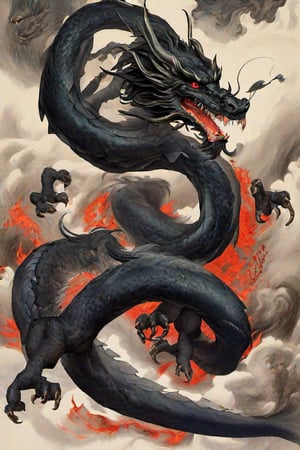 full-body picture .Generate hyper realistic image of an ancient scroll featuring an ink wash painting of a black Dragon, surrounded by traditional brushstroke elements, creating an evocative piece reminiscent of classical Asian art, Movie Poster,Movie Poster, sharp focus, intense colors, vibrant colors, chromatic aberration,MoviePosterAF, UHD, 8K,oil paint
