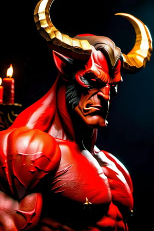 (best quality,4k,8k,high res,masterpiece:1.2),ultra-detailed,(realistic, photorealistic,photo-realistic:1.37),devil-like Hellboy, wings, plain orange t-shirt, detailed facial features, dark red skin, muscular build, bright yellow eyes, strong jawline, open-mouthed expression, large, curved horns, pointy tail, scaly texture, expressive eyebrows, sharp fangs, gritty atmosphere, dark shadows, demonic aura, burning fire background, colored smoke, ominous lighting, contrasting red and black colors