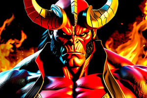 (best quality,4k,8k,high res,masterpiece:1.2),ultra-detailed,(realistic, photorealistic,photo-realistic:1.37),devil-like Hellboy, wings, plain orange t-shirt, detailed facial features, dark red skin, muscular build, bright yellow eyes, strong jawline, open-mouthed expression, large, curved horns, pointy tail, scaly texture, expressive eyebrows, sharp fangs, gritty atmosphere, dark shadows, demonic aura, burning fire background, colored smoke, ominous lighting, contrasting red and black colors