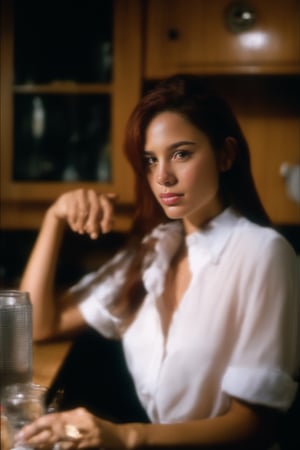 candid RAW portrait photo of a woman (Heidi Romero:1.0) with mahogany hair and a white shirt and beige skirt sitting at a kitchen table in an unlit dark kitchen (at night:1.2), Fujifilm Fujicolor C200 film, flashlight, dof, high definition, detailed, intricate flash, 