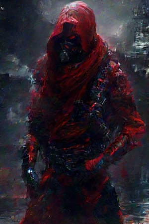 hyper Realistic, Extreme Detailed, (glitch Noise), 1 man, he is a ninja Slayer, ninja killing ninja, Dressed in crimson ninja costumes (only red color:1.4),Draped in a rich crimson garb, the ninja adorns a traditional shinobi head covering and a face-concealing mask, (crimson red Ninja costume), (wearing a very very long red scarf:1.2), (no-weapon:1.2), wearing gauntlet, they fight in the darkness of the city, Wearing a ninja mask with kanji written on it,face with shadow,(Eyes Emit strong red Light and leave a band of light:1.2), He doesn't have a weapon, raise fist Fighting pose in anger, furious, The ninja burns with anger over the death of his wife and child, and vows revenge and throws himself into a reckless battle.Brake, heavy acid rain, CyberPunk, The streets of Tokyo lined with futuristic mega buildings, golden cube floating in the sky ,Obsidian Enigma Art Style,Gric,photo r3al,neon,LegendDarkFantasy,Ninja