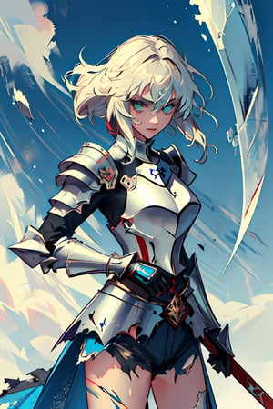 (masterpiece, top quality, best quality, official art, beautiful and aesthetic:1.2),(8k, best quality, masterpiece:1.2),CGDivineSwordsw, weapon, armor, sword, 1girl, solo, holding, female focus, holding weapon, holding sword, glowing, helmet,  shoulder armor,  greaves, torn, torn clothes, standing, gauntlets, pauldrons, glowing weapon, breastplate, glowing sword, (epic glow:1.4), mordred \(fate\), green eyes, camelot  ,CGDivineSword, MordredV3:1

