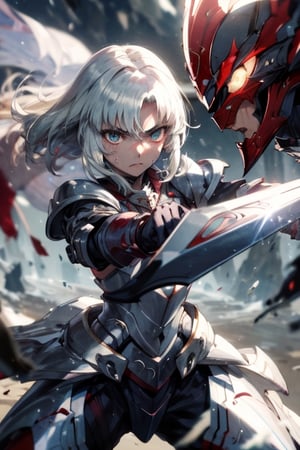 masterpiece, best quality, 1girl, mordred \(fate\), Mordred Armor No Helmet, (holding sword, greatsword, clarent \(fate\)), serious, sweatdrop, fighting stance, MordredPendragon:0.8,