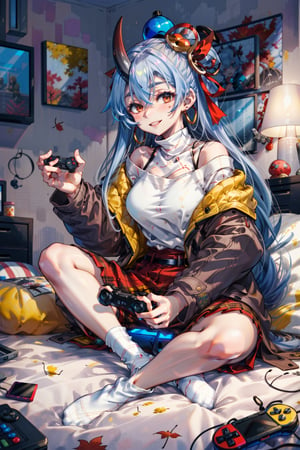 masterpiece,best quality,1girl,solo,tomoe gozen \(fate\),Casual,AutumnClothing,white socks,excited,confident smile,playing video game,game console,gameplay mechanics,game controller,indian style,bedroom, FGOTomoeV1:0.7,More Detail