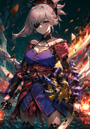 masterpiece, best quality, high resolution,
Saber2, Advanced Clothing, 1girl, solo, weapon, holding, sword, dual wielding, holding sword, holding weapon, cleavage, hair ornament, eyepatch, looking at viewer, unsheathed, standing, long hair, sheath, fire, collarbone, medium breasts, swept bangs, autumn leaves, closed mouth, FGOMusashi:0.8
