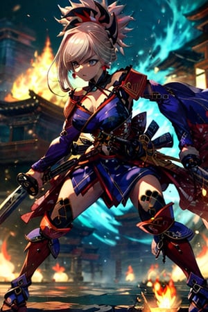 masterpiece,best quality,1girl,miyamoto musashi \(fate\),Saber3,Final Costume,wide hips,(serious),weapon,katana,fighting stance,flame,east asian architecture, FGOMusashi:0.9, Concept-control tool-add_detail-CyberAIchemist:1,

