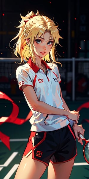 1girl,solo, looking at viewer, badminton background, long blonde hair , parted lips, light smile, dark eyes, badminton clothes, red ribbon on hair, hands behind back, posing, mordred pendragon,SAM YANG