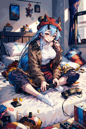 masterpiece,best quality,1girl,solo,tomoe gozen \(fate\),Casual,AutumnClothing,white socks,excited,confident smile,playing video game,game console,gameplay mechanics,game controller,indian style,bedroom, FGOTomoeV1:0.7,