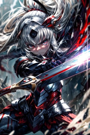 masterpiece,best quality,1girl,mordred \(fate\),MordredArmorNoHelmet,(holding sword,greatsword,clarent \(fate\)),serious,sweatdrop,fighting stance,MordredPendragon:0.8,