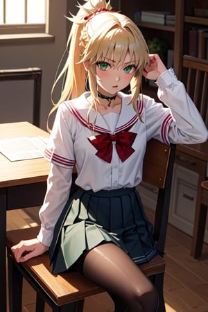beautiful, masterpiece, best quality, extremely detailed face, perfect lighting, mordred \(fate\), 1girl, solo, ponytail, green eyes, braid, MordredV1:1, serafuku, school uniform, pleated skirt, pantyhose, choker, sitting, chair, crossed legs
