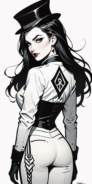 dark, gritty, realistic, mix of bold dark lines and loose lines, bold lines, on paper, turnaround character sheet, a stunningly beautiful (masterpiece, best quality:1.3), (2d:1.3), ink (medium), t-shirt design, White background, Full body, 2D illustration,  (((Zatanna  with her top hat, tuxedo with her top hat))). bits of color, Sketch book, hand drawn, dark, gritty, realistic sketch, Rough sketch, mix of bold dark lines and loose lines, bold lines, on black paper, turnaround character sheet. Half body, (((View from behind))), ((she is looking over her shoulder)), arcane symbols, runes, dark theme, flowing partially braided Black hair, button down shirt,, embroidered with runes, modest, leather rune embroidered boots, (sharp lines), lines of bold ink, strong outlines, bold strokes, high contrast, (professional vector), best quality, flat colors, flat lights, no shadows, low levels, ((geometric shapes)), paint splatters, arcane symbols, runes, dark theme, Perfect composition golden ratio, masterpiece, best quality, 4k, sharp focus. Better hand, perfect anatomy, ((safe for work))