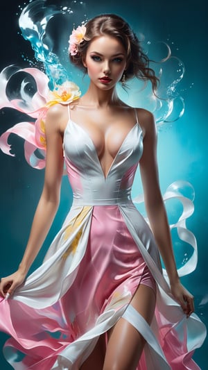 An elegant woman in photo studio,perfect female form,sophisticated papercut technique for dress,cyan pink white yellow colors,ink in water effect for dress textures,pastel tone,unreal mysterious etheareal beauty in fashion,trending on artstation,head to waist sideshot,chairoscuro lighting,soft rim lighting,key light reflecting in the eyes,digital painting by Artgerm,Karol Bak,Greg Rutkowski