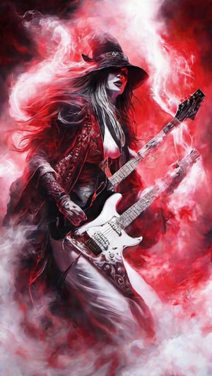 The wizard of death Arkhan plays on an electric guitar, while red smoke forms a woman's face, at first it was just ghostly into a white shade of pale, intense light, category, chiaroscuro, tattoos, Filigry, Oil dripping, oil splashes, Rembrandt, Caravaggie,LegendDarkFantasy,DonMM4g1cXL ,darkart