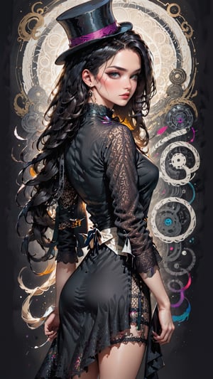 dark, gritty, realistic, mix of bold dark lines and loose lines, bold lines, on paper, turnaround character sheet, a stunningly beautiful (masterpiece, best quality:1.3), (2d:1.3), ink (medium), t-shirt design, White background, close-up of her face, 2D illustration,  (((Zatanna  with her top hat, victorian Lacy dress))). bits of color, Sketch book, hand drawn, dark, gritty, realistic sketch, Rough sketch, mix of bold dark lines and loose lines, bold lines, on black paper, turnaround character sheet. ((Full body)), (((View from behind))), ((she is looking over her shoulder)), arcane symbols, runes, dark theme, flowing partially braided Black hair, (sharp lines), lines of bold ink, strong outlines, bold strokes, high contrast, (professional vector), best quality, flat colors, flat lights, no shadows, low levels, ((geometric shapes)), paint splatters, arcane symbols, runes, dark theme, Perfect composition golden ratio, masterpiece, best quality, 4k, sharp focus. Better hand, perfect anatomy, ((safe for work))