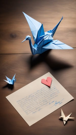 a traditional blue origami crane next to a love letter with detailed cursive writing on a wooden surface,aesthetic,simple backdrop,highly detailed,rule of thirds,studio photo,chiaroscuro lighting,digital painting
