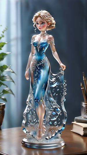 Generate an image of a sophisticated glass art rendition featuring beautiful Queen Elsa from Frozen. The intricately crafted figurine stands elegantly on a desk, capturing the essence of high-end craftsmanship.Clear Glass Skin