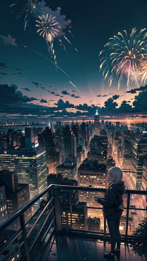 (masterpiece), scenery, new york city, cloudy, thunderstorm, lighting, night sky, night, fireworks celebration