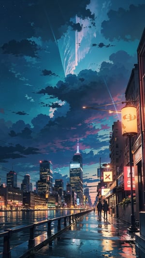 (masterpiece), scenery, new york city, cloudy, thunderstorm, lighting, night sky, night