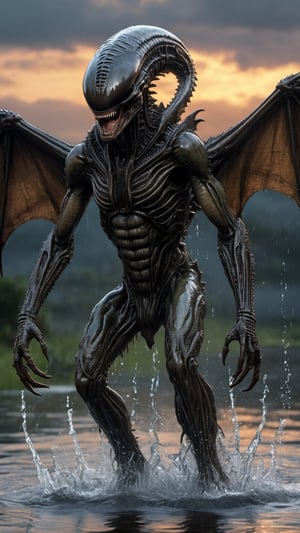 a wet slimy alien xenomorph rising from the water, its semitransparent bat like wings flapping quickly to keep it aloft, water drops, twilight, fast shutter speed, crystal clear, hi res, telephoto shot, 1000mm telephoto lens, hyperrealistic, detailed, highly detailed, high resolution, hyper-detailed, HDR, UHD, professional, FILM STOCK / RESOLUTION: High Resolution, Canon EOS R6 Mark II 1/4000th second, 4k quality, ,detailmaster2,more detail XL
