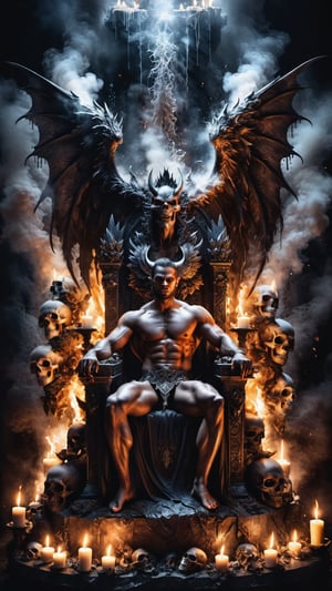Portrait of a demon with wings sitting in a throne of human skulls, candles, in a dark room, explosion of liquid splash darkness, highly detailed, fantasy background, photograph