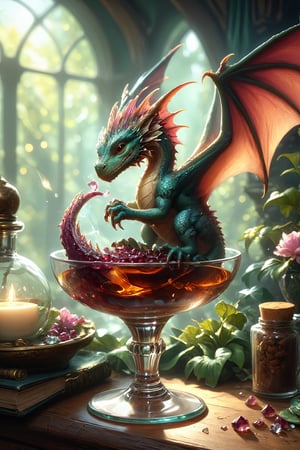 A cute "realistic tiny dragon" curled up in a transparent crystal goblet, cute style, seen from the top in a cosy nest inside a crystal goblet full of diamonds rubies emeralds, (masterpiece), cute style, Sleeping curled up in a coffee mug, sleeping tiny dragon, illumination background, reflections, sparkling, Dutch angle shot, joel rea and mark ryden, slawomir maniak and greg tocchini, concept art, rockwell and lou xaz, heartwarming, cozy atmosphere, by chris riddell, Android Jones, Jean Baptiste monge, Alberto Seveso, Erin Hanson, Jeremy Mann. maximalist highly detailed and intricate professional_photography, a masterpiece, 8k resolution concept art, Artstation, triadic colors, Unreal Engine 5, cgsociety,PetDragon2024xl