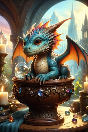 A cute "realistic tiny dragon" curled up in a crystal goblet, cute style, seen from the top in a fluffy cosy nest inside a crystal goblet full of precious stones, (masterpiece), cute style, Sleeping curled up in a coffee mug, sleeping tiny dragon, illumination background, reflections, sparkling, Dutch angle shot, joel rea and mark ryden, slawomir maniak and greg tocchini, concept art, rockwell and lou xaz, heartwarming, cozy atmosphere, by chris riddell, Android Jones, Jean Baptiste monge, Alberto Seveso, Erin Hanson, Jeremy Mann. maximalist highly detailed and intricate professional_photography, a masterpiece, 8k resolution concept art, Artstation, triadic colors, Unreal Engine 5, cgsociety,PetDragon2024xl