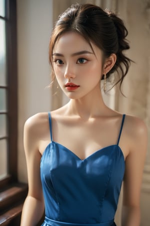(glamour photography) photo of a gravure model in her 20s wearing blue dress, FilmGirl, (jawline:1.2), (blush:0.9), (goosebumps:0.5), {ponytail|long wavy hair}, textured skin, remarkable detailed pupils, realistic dull skin noise, visible skin detail, skin fuzz, dry skin, perfect body, (voluptuous:1.4), (petite:1.2), beautiful, masterpiece, hi-res, hdr, 8k, remarkable color, ultra realistic, (pretend to be a goddess imposing her beauty:1.4), (upper body from waist framing:1.6), (dfdd balcony:1.2), golden hour lighting, (ray tracing:1.2), subsurface scattering, {from above|from bottom}, shot on Pentax 645Z, RAW photo shot, Fujicolor Pro film