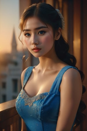 (glamour photography) photo of a gravure model in her 20s wearing blue dress, FilmGirl, (jawline:1.2), (blush:0.9), (goosebumps:0.5), {ponytail|long wavy hair}, textured skin, remarkable detailed pupils, realistic dull skin noise, visible skin detail, skin fuzz, dry skin, perfect body, (voluptuous:1.4), (petite:1.2), beautiful, masterpiece, hi-res, hdr, 8k, remarkable color, ultra realistic, (pretend to be a goddess imposing her beauty:1.4), (upper body from waist framing:1.6), (dfdd balcony:1.2), golden hour lighting, (ray tracing:1.2), subsurface scattering, {from above|from bottom}, shot on Pentax 645Z, RAW photo shot, Fujicolor Pro film