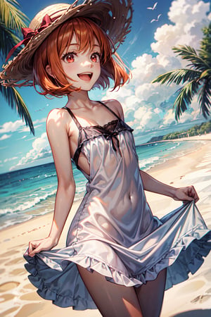 RAW, 8K, anime,
little girl, Ruffle lace summer dress, straw hat, orange hair, bob cut, red eyes, small breasts, 
on beach, sky, shadow,
Grab your skirt and lift it up, laughing, Detailedface