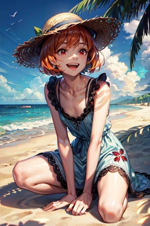 RAW, top-quality, masterpiece, 
Ruffle lace summer dress, straw hat, orange hair, bob cut, red eyes, small breasts, 
on beach, sky, shadow,
crouching, laughing