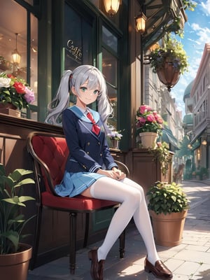 (young girl), (highly detailed beautiful face and eyes, silver hair, twintail, floating hair), (white tights up to the thighs), small stature, (small breasts), shiny skin, cute, being clearheaded, sailor uniform under blazer, light blue collar, red tie, light blue skirt, white socks, loafers, smile sweetly, envision a cafe terrace situated on a city corner. Illustrate a tranquil café exterior with tables, chairs, adorned with flowers and green potted plants. create an illustration focusing on the café ambiance and the building's exterior, sitting, drink tea, (anime style:0.5), ((illustration style)), novel illustration, (masterpiece), highres, (extremely detailed and beautiful background), ((Ultra-precise depiction)), ((Ultra-detailed depiction)), (professional lighting),