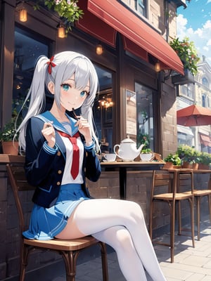 (young girl), (highly detailed beautiful face and eyes, silver hair, twintail, floating hair), (white tights up to the thighs), small stature, (small breasts), shiny skin, cute, being clearheaded, sailor uniform under blazer, light blue collar, red tie, light blue skirt, white socks, loafers, smile sweetly, envision a cafe terrace situated on a city corner. Illustrate a tranquil café exterior with tables, chairs, adorned with flowers and green potted plants. create an illustration focusing on the café ambiance and the building's exterior, sitting, drink tea, (anime style:0.5), ((illustration style)), novel illustration, (masterpiece), highres, (extremely detailed and beautiful background), ((Ultra-precise depiction)), ((Ultra-detailed depiction)), (professional lighting),