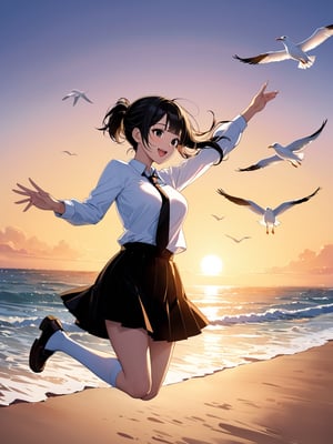 (young girl), (teenage), ((kawaii)), (highly detailed beautiful face and eyes, big breasts, firm breasts), oily skin, ((black hair)), ((black eyes)), (((short ponytail hair))), thin pubic hair, cute lovely, (cheerful disposition), long sleeve, white mandarin collar shirt, black necktie, black pleated skirt, white panties under skirt, loafers, white socks, smile, open mouth, A sandy beach at a calm dusk. Seagulls soar high into the sky and return to their nests. The waves are gently lapping against the shore and a cool breeze is blowing. The sun sinking into the horizon stretches the long evening sun, creating beauty with a beautiful sunset, Jumping with arms raised, (illustration style:1.1), (masterpiece), highres, (extremely detailed and beautiful background), ((Ultra-precise depiction)), ((Ultra-detailed depiction)), (professional lighting), (professional illustration),