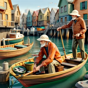 illustration of old man a fisherman docks his boat,background at fish pier,  masterpiece, perfect anatomy, full body