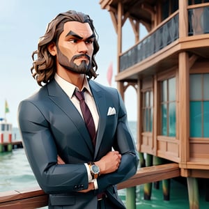 illustration of jason momoa as young manager wearing manager suit, (curious face, talking mouth, one hand hold chin), background on the pier, masterpiece, perfect anatomy, full body