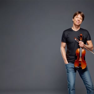 illustration of JOSHUA BELL wearing black t shirt, blue denim jeans,  simple background, playing violin, masterpiece, perfect anatomy, full body, 