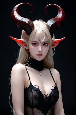 kristen steward as female succubus, intracate horns on top of her head, pale skin, dark bright red eyes, full frontal, wearing long black dress, darkness surrounds her,bj_Devil_angel,yua_mikami