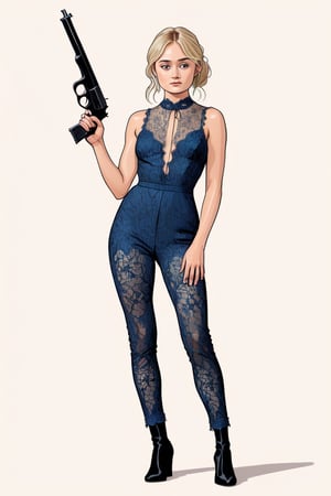 ella purnel, full body, beatiful woman, slim body, wearing lace jumpsuit, random blonde hairstyles , (hold gun pose) , (in the combined style of Mœbius and french comics), (minimal vector:1.1), simple background,ella_purnell