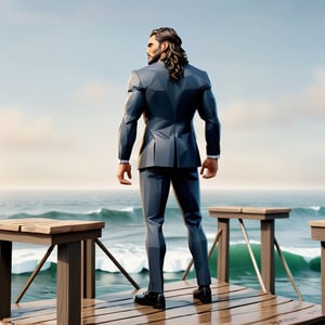 illustration of jason momoa as young manager wearing manager suit, standing on the pier and looking out to sea, masterpiece, perfect anatomy, full body