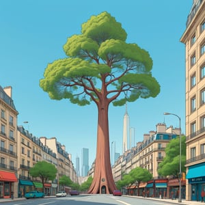 tall tree at the center of city, (in the combined style of Mœbius and french comics), (minimal vector:1.1), simple background,s4lma,