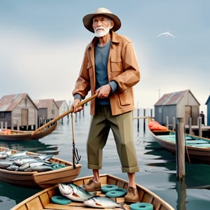 illustration of old man a fisherman docks his boat,background at fish pier, masterpiece, perfect anatomy, full body