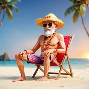 illustration of old man wearing hawai outfit, sunbathing on the beach, sunset, masterpiece, perfect anatomy, full body
