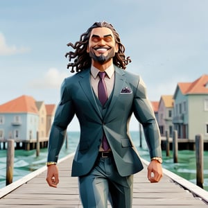 illustration of jason momoa as young manager wearing manager suit, (runnning away), (closed eyes),big smile,  background on the pier, masterpiece, perfect anatomy, full body, 