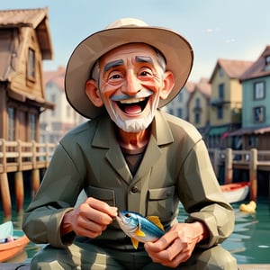 illustration of old man a fisherman,background at fish pier, happy face, smile, playing with children,  masterpiece, perfect anatomy, full body, 