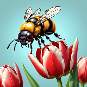 Photo of a ladybug-bee hybrid standing on a tulip, macro lens (in the combined style of Mœbius and french comics), (minimal vector:1.1), simple background,s4lma,