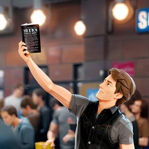 illustration of JOSHUA BELL wearing long black shirt, and black vest, grey denim jeans, (hold a book), background at subway new york with crowd, masterpiece, perfect anatomy, full body