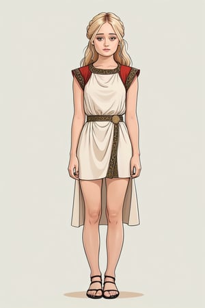 ella purnell wearing roman outfit, full body, slim body, random long blonde hairstyles, (related pose), (in the combined style of Mœbius and french comics), (minimal vector:1.1), simple background , ella_purnell