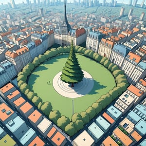 tall tree at the center of city, seen from drone, (in the combined style of Mœbius and french comics), (minimal vector:1.1), simple background,s4lma,
